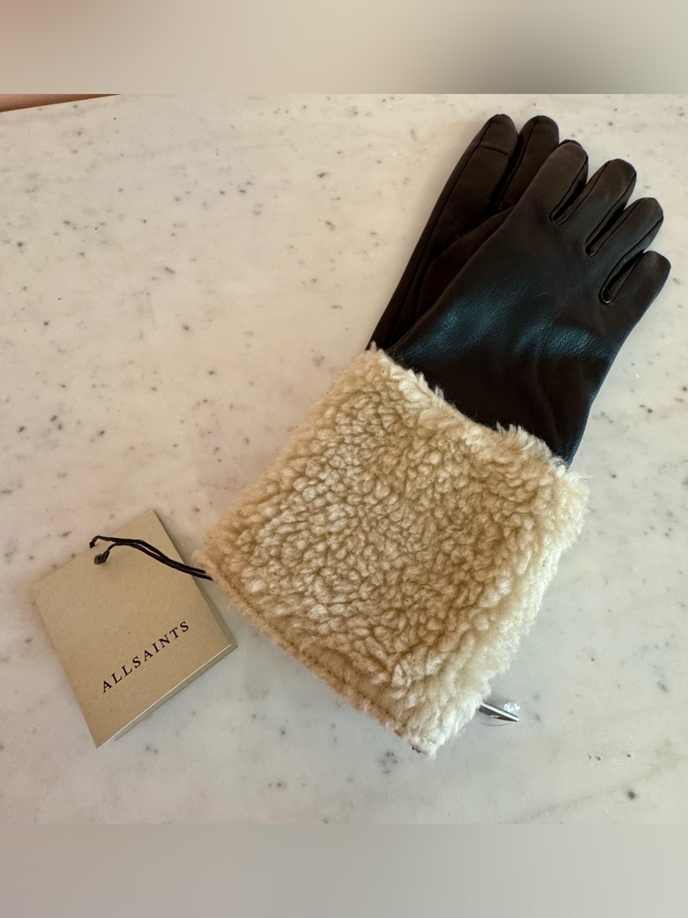 All Saints Leather Shearling Gloves, Black and Écru. Size Small. NWT